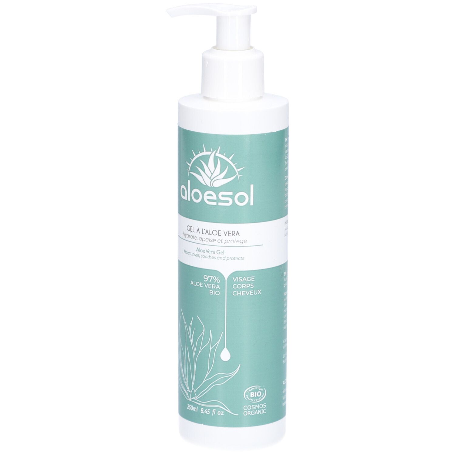Flacon de gel à l'aloe vera avec pompe. Inscription: ALOESOL, GEL A L'ALOE VERA, 97% Aloe Vera Bio. Pour visage, corps, cheveux.