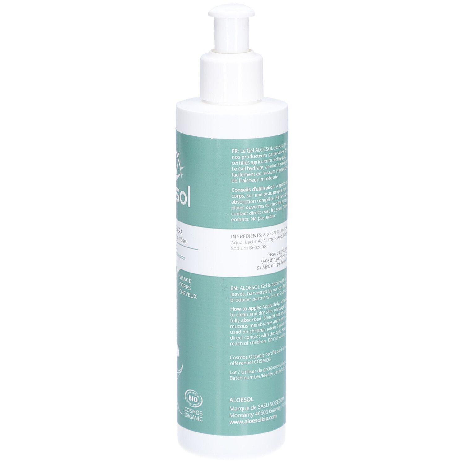 Dos d'un flacon de gel à l'aloe vera avec pompe. Texte sur les ingrédients et l'utilisation. Certification bio.