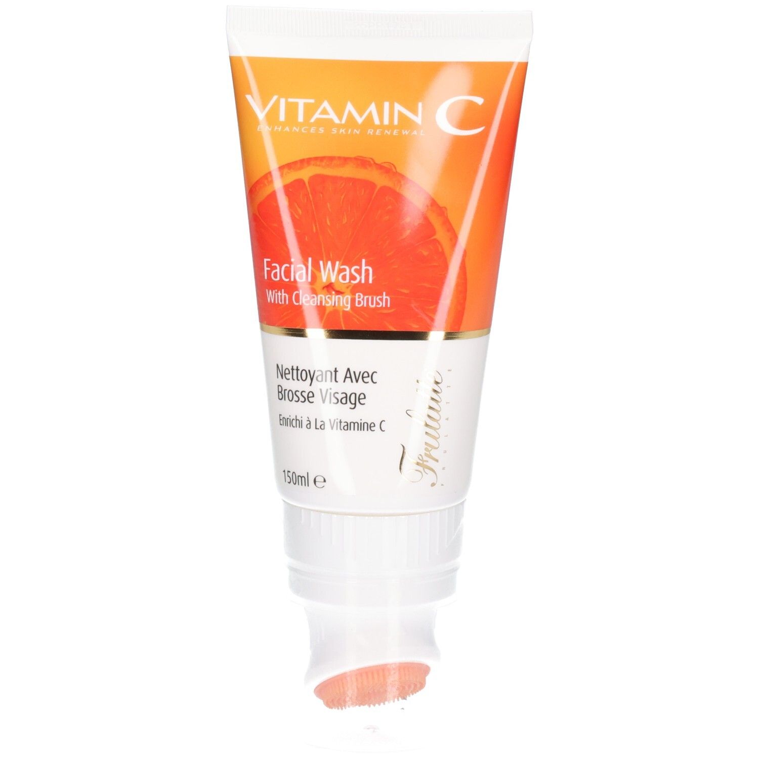Tube de nettoyant visage à la Vitamine C avec brosse nettoyante intégrée.