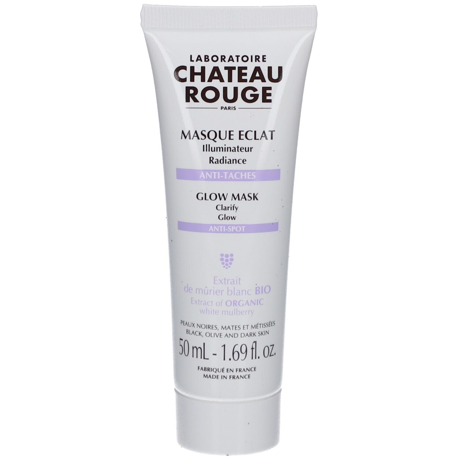 Tube blanc et lilas avec nom de produit et marque. Texte: Masque Eclat, Glow Mask, Anti-Taches. 50ml.