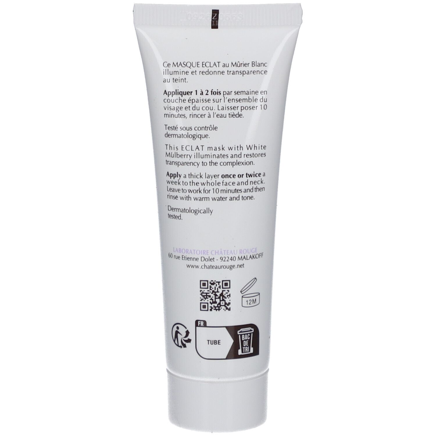 Dos du tube blanc. Texte: instructions d'utilisation, testé dermatologiquement. Code QR et logos.