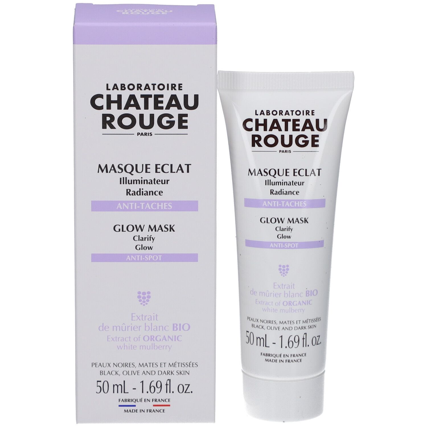 Produit et emballage. Tube blanc et boîte lilas. Texte: Masque Eclat, Glow Mask, Anti-Taches. 50ml.