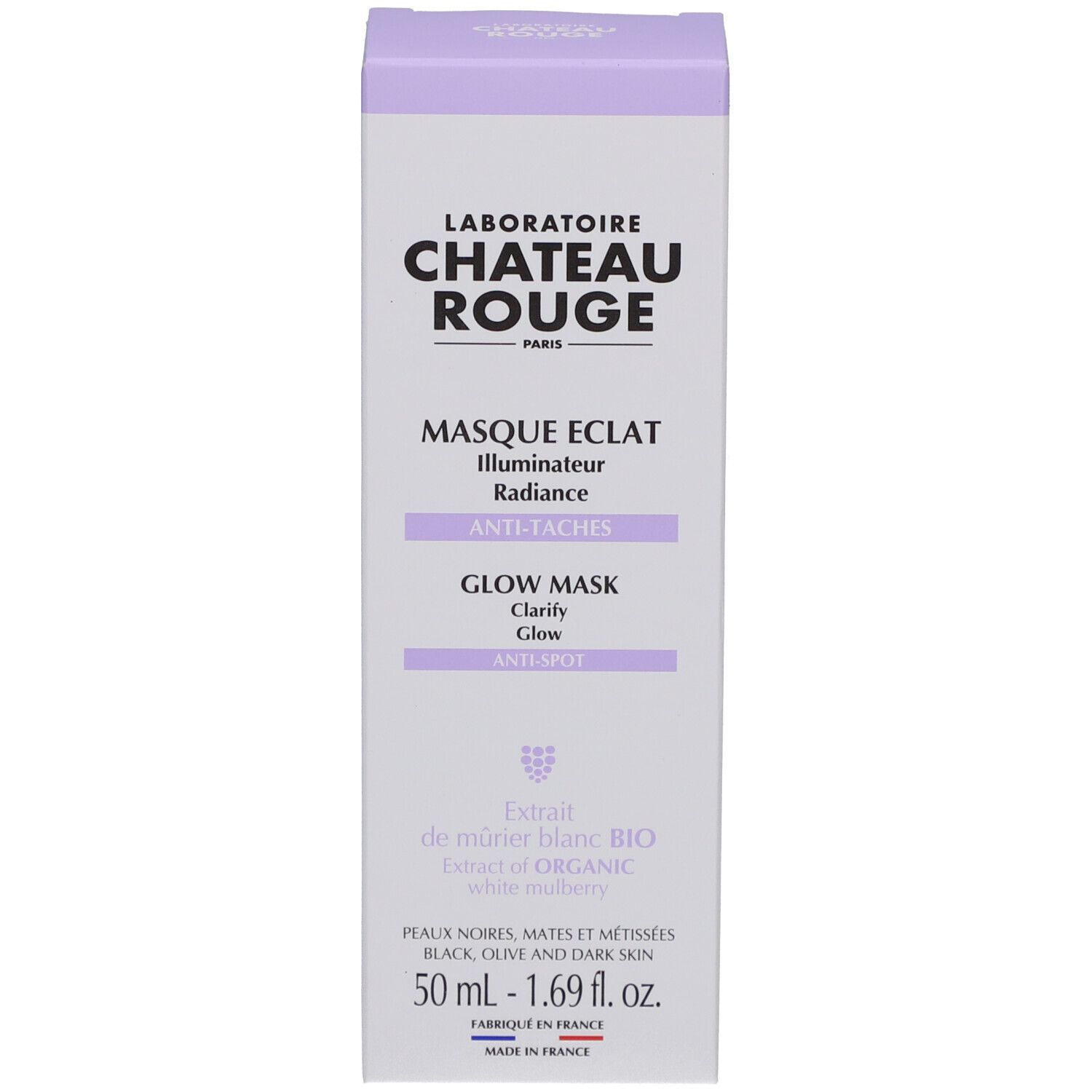 Boîte lilas avec nom de produit et marque. Texte: Masque Eclat, Glow Mask, Anti-Taches. 50ml.