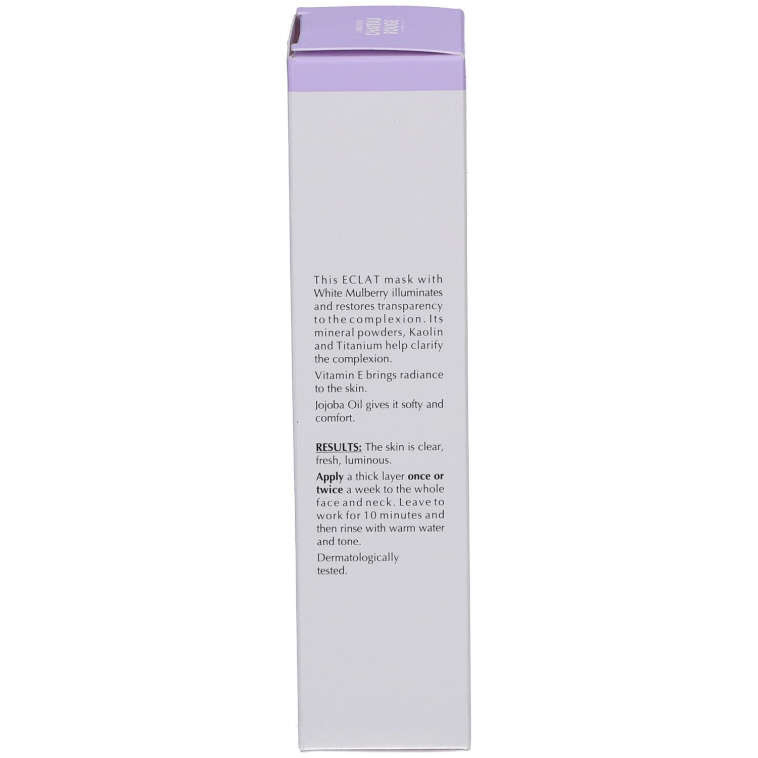 Côté de la boîte lilas. Texte: instructions d'utilisation, testé dermatologiquement.
