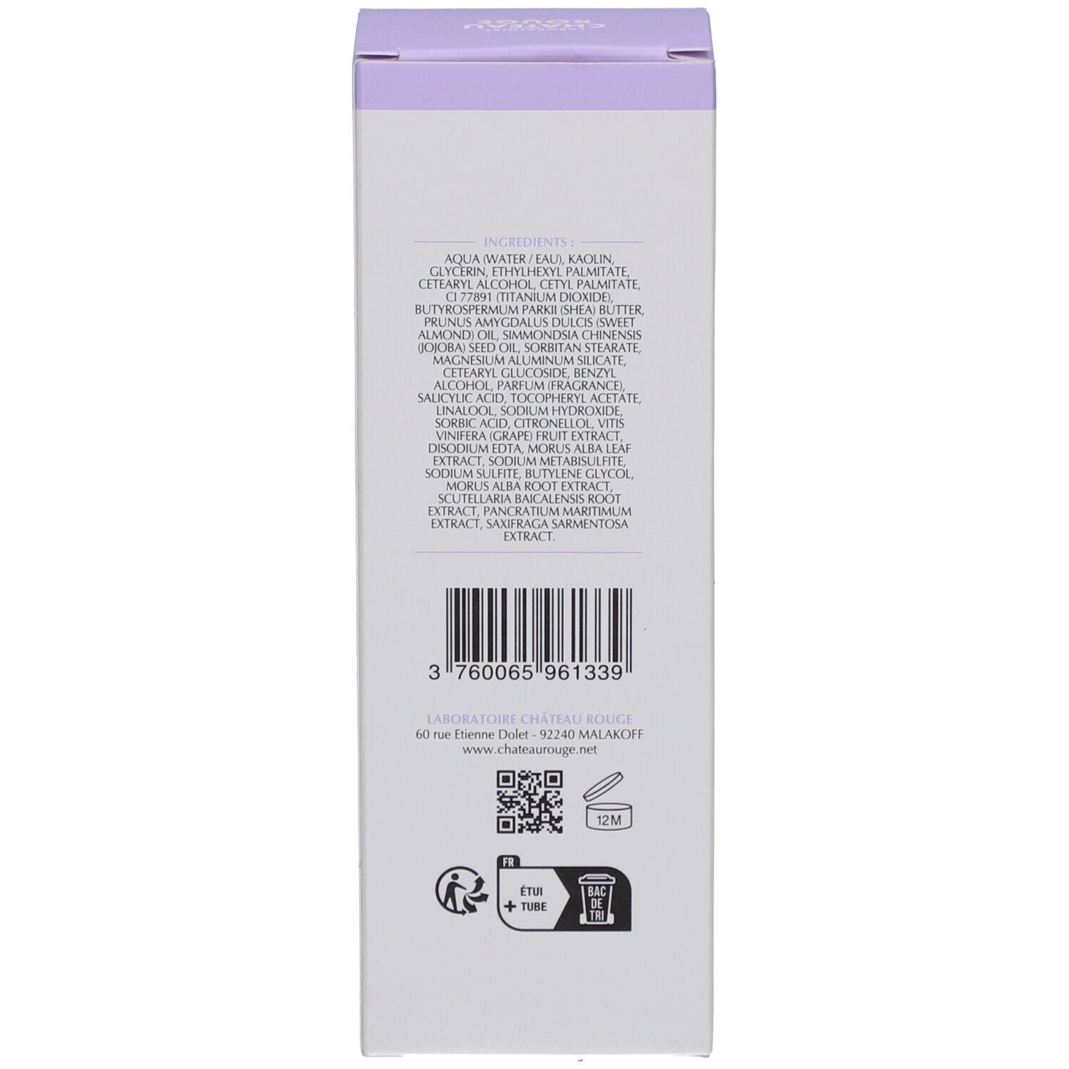 Côté de la boîte lilas. Texte: ingrédients, code QR, logos et coordonnées.