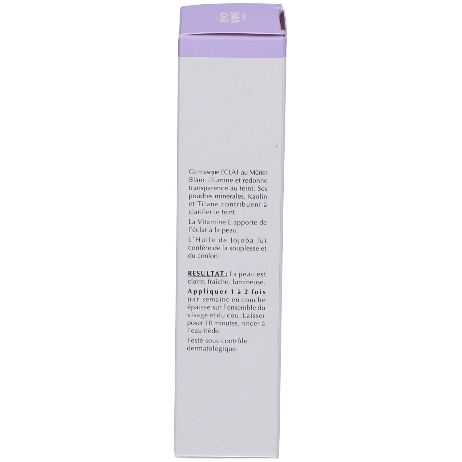 Côté de la boîte lilas. Texte: instructions d'utilisation, testé dermatologiquement.