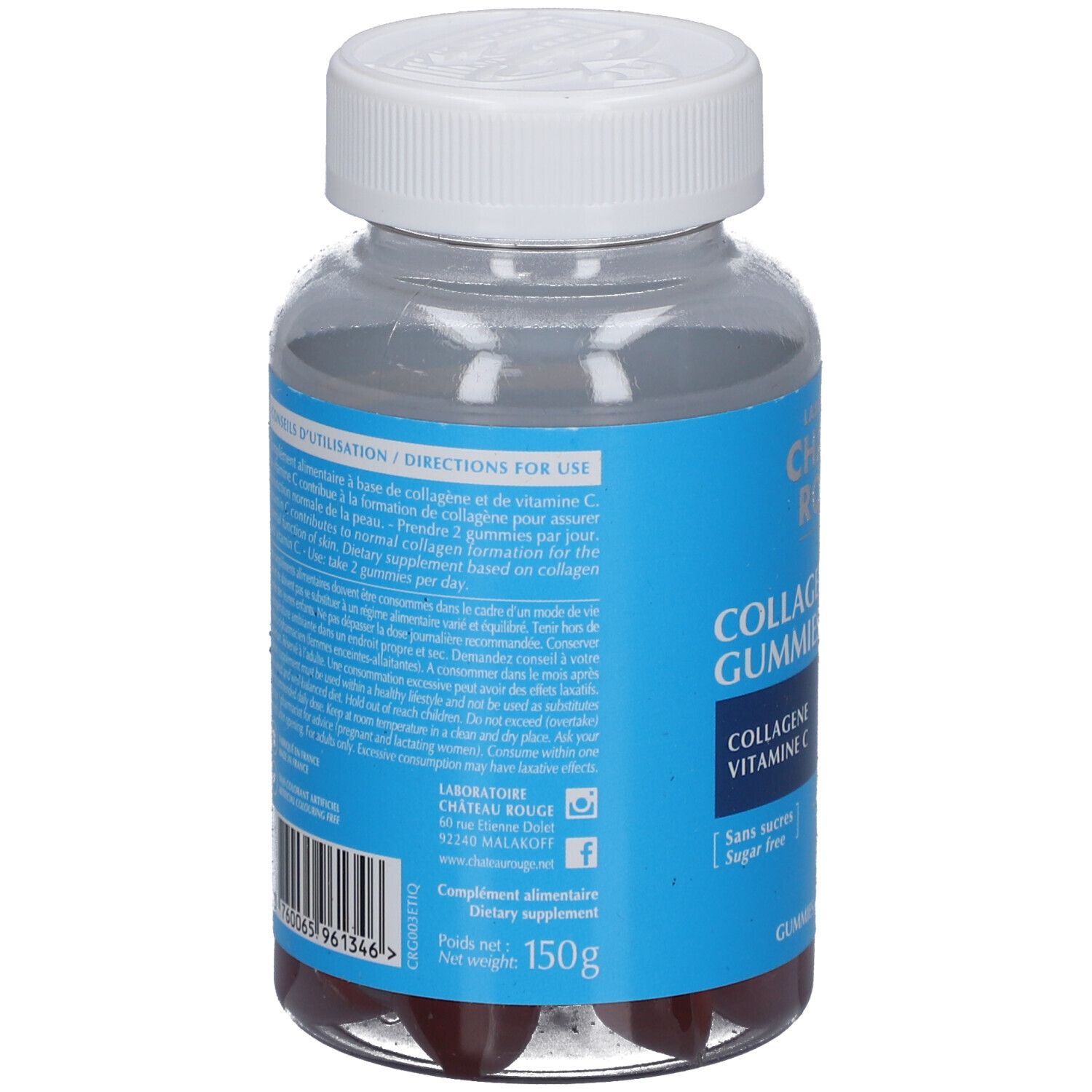 Vue arrière d'un flacon transparent avec étiquette bleue. Contient des gummies rouges. Texte : CHATEAU ROUGE, COLLAGENE GUMMIES, 150g.