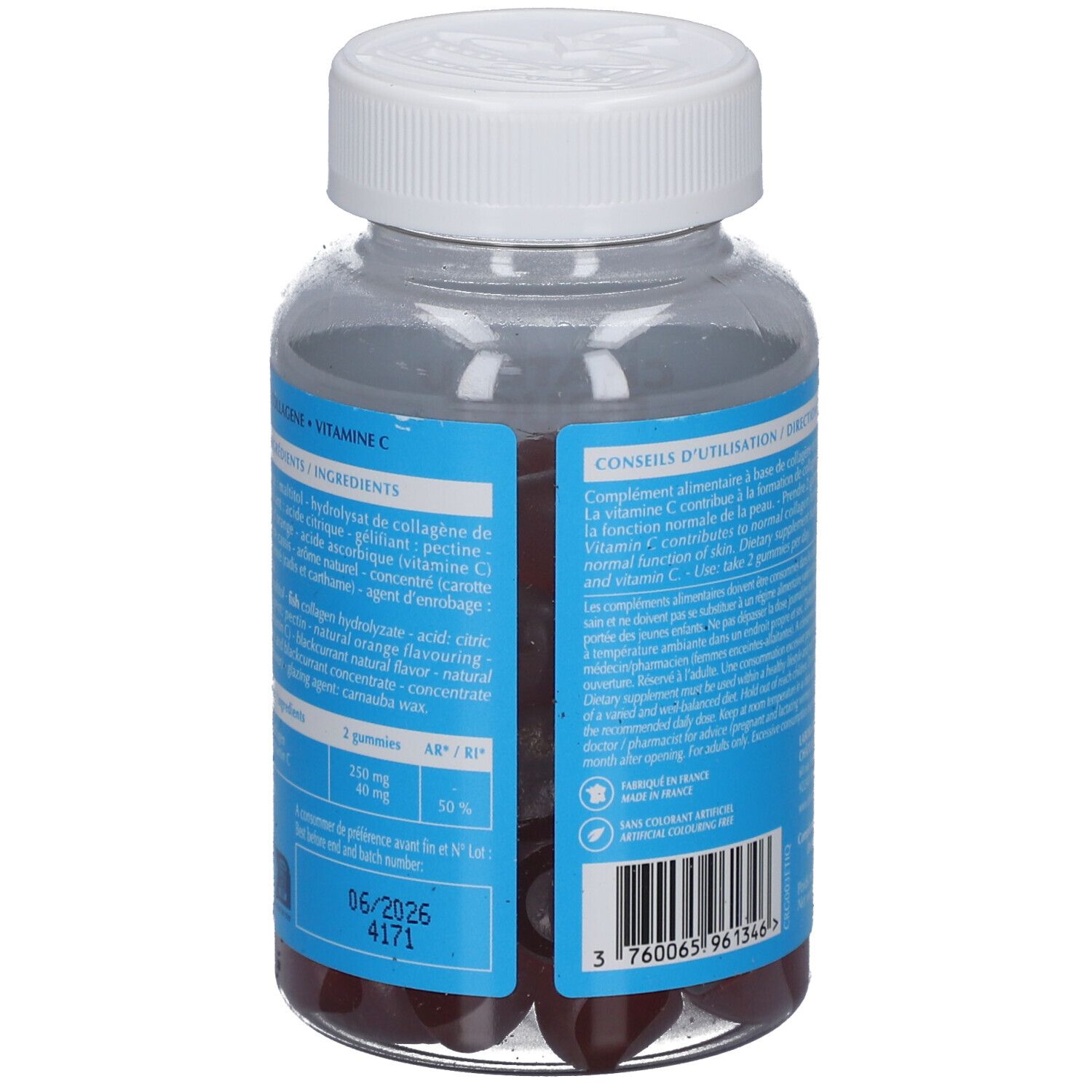 Vue arrière d'un flacon transparent avec étiquette bleue. Contient des gummies rouges. Texte : Ingrédients, date de péremption 06/2026.