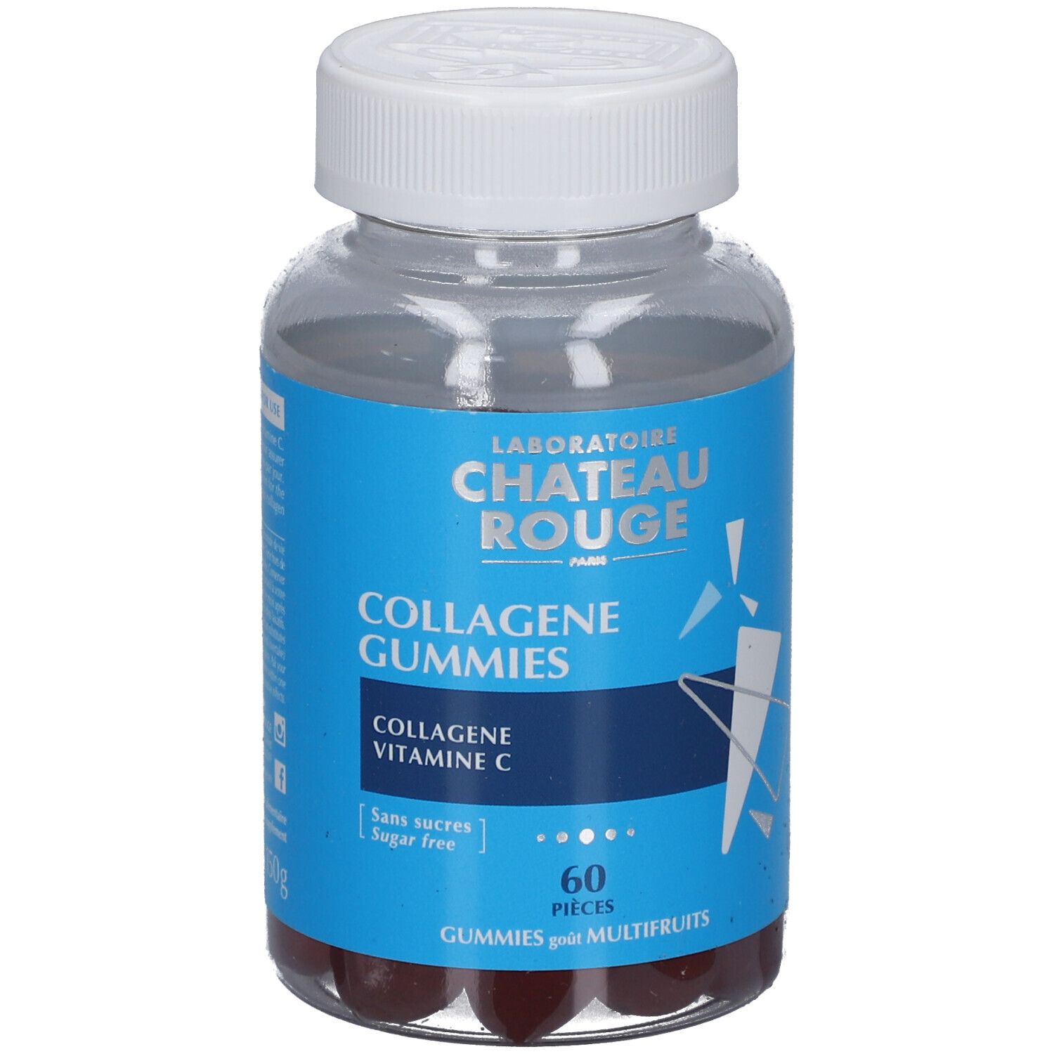 Flacon transparent avec étiquette bleue. Contient des gummies rouges. Inscription : CHATEAU ROUGE, COLLAGENE GUMMIES, 60 pièces.