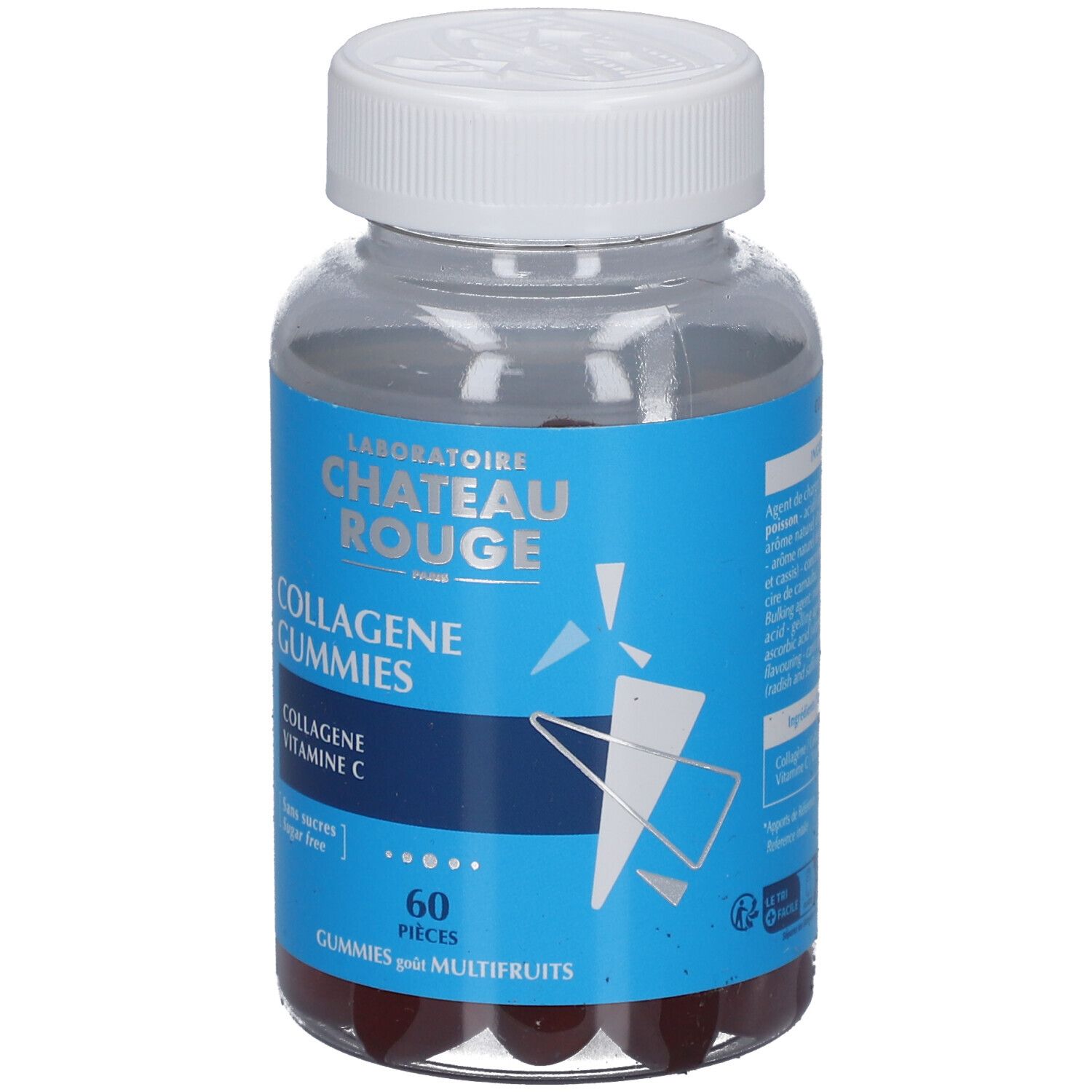Flacon transparent avec étiquette bleue. Contient des gummies rouges. Inscription : CHATEAU ROUGE, COLLAGENE GUMMIES, 60 pièces.
