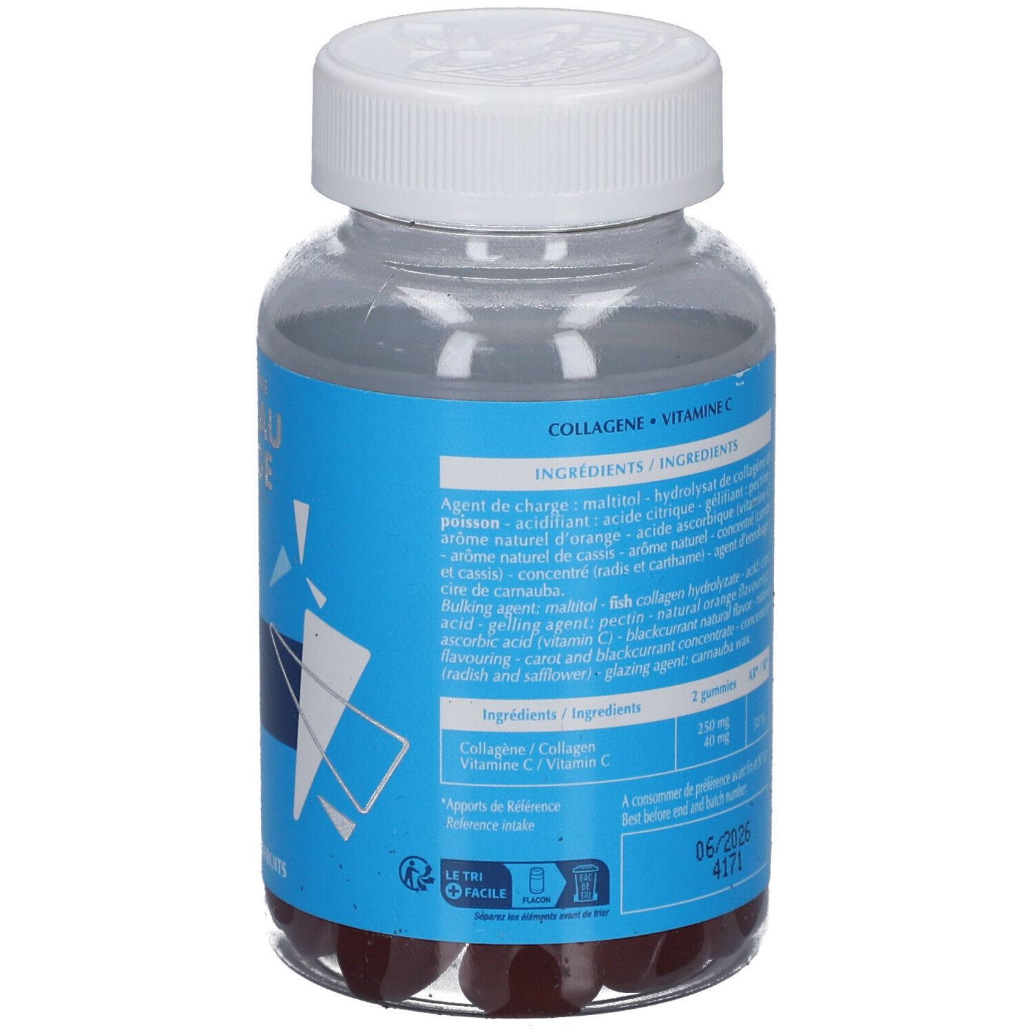Vue arrière d'un flacon transparent avec étiquette bleue. Contient des gummies rouges. Texte : Ingrédients, date de péremption 06/2026.