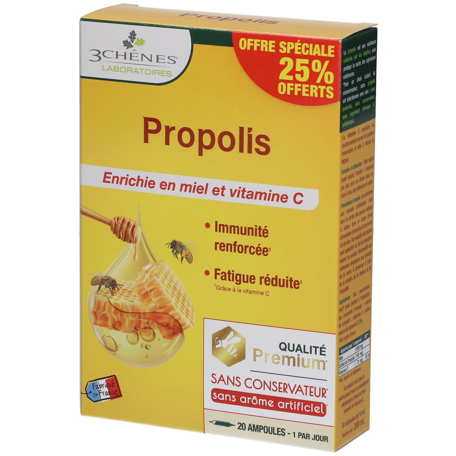 Boîte jaune "Propolis". Enrichi en miel et vitamine C. 25% de réduction. Qualité Premium. 20 ampoules.