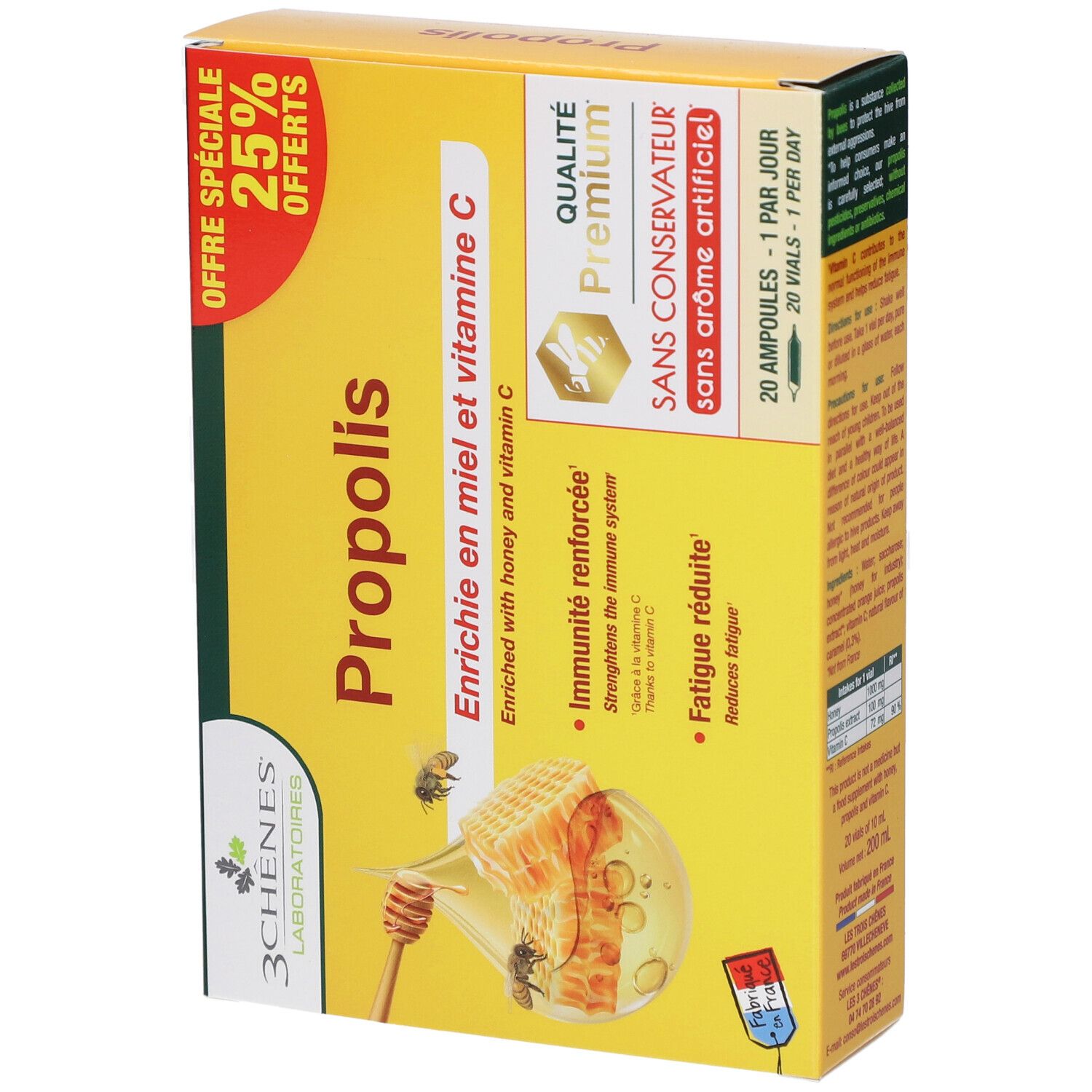 Boîte jaune "Propolis". Enrichi en miel et vitamine C. 25% de réduction. Qualité Premium. 20 ampoules. Vue oblique.