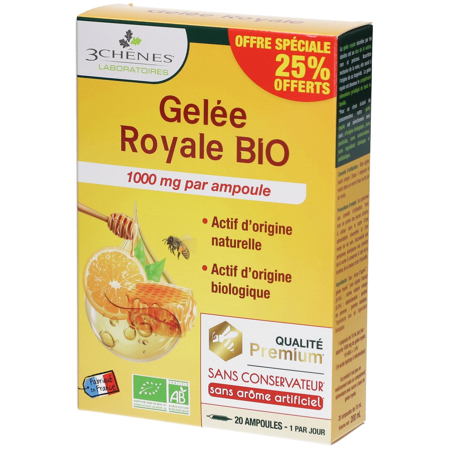 Boîte Gelée Royale BIO. Jaune, avec nom du produit, 1000 mg par ampoule. Contient 20 ampoules. Certification bio.