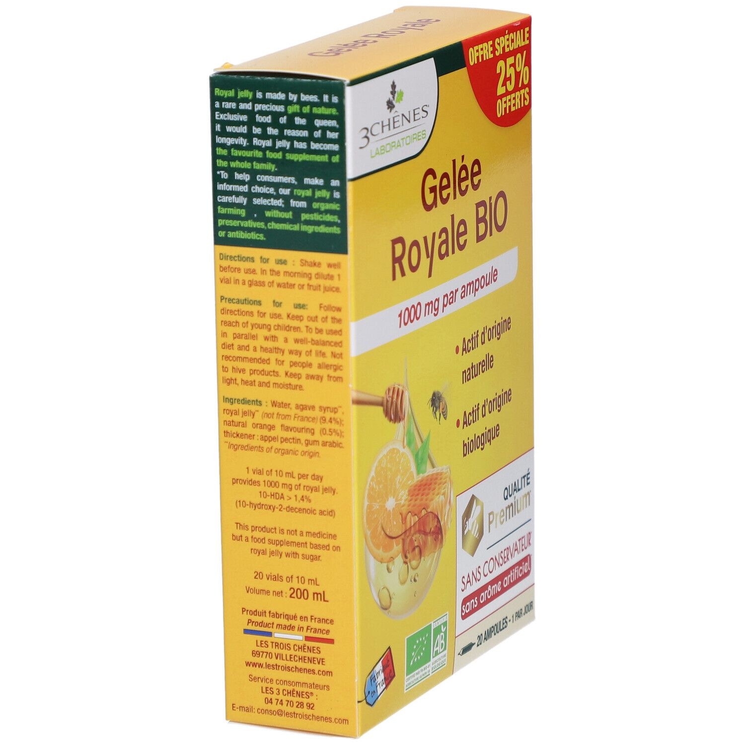 Boîte jaune Gelée Royale BIO. Nom du produit, 1000 mg par ampoule. Contient 20 ampoules. Certification bio. Vue latérale.