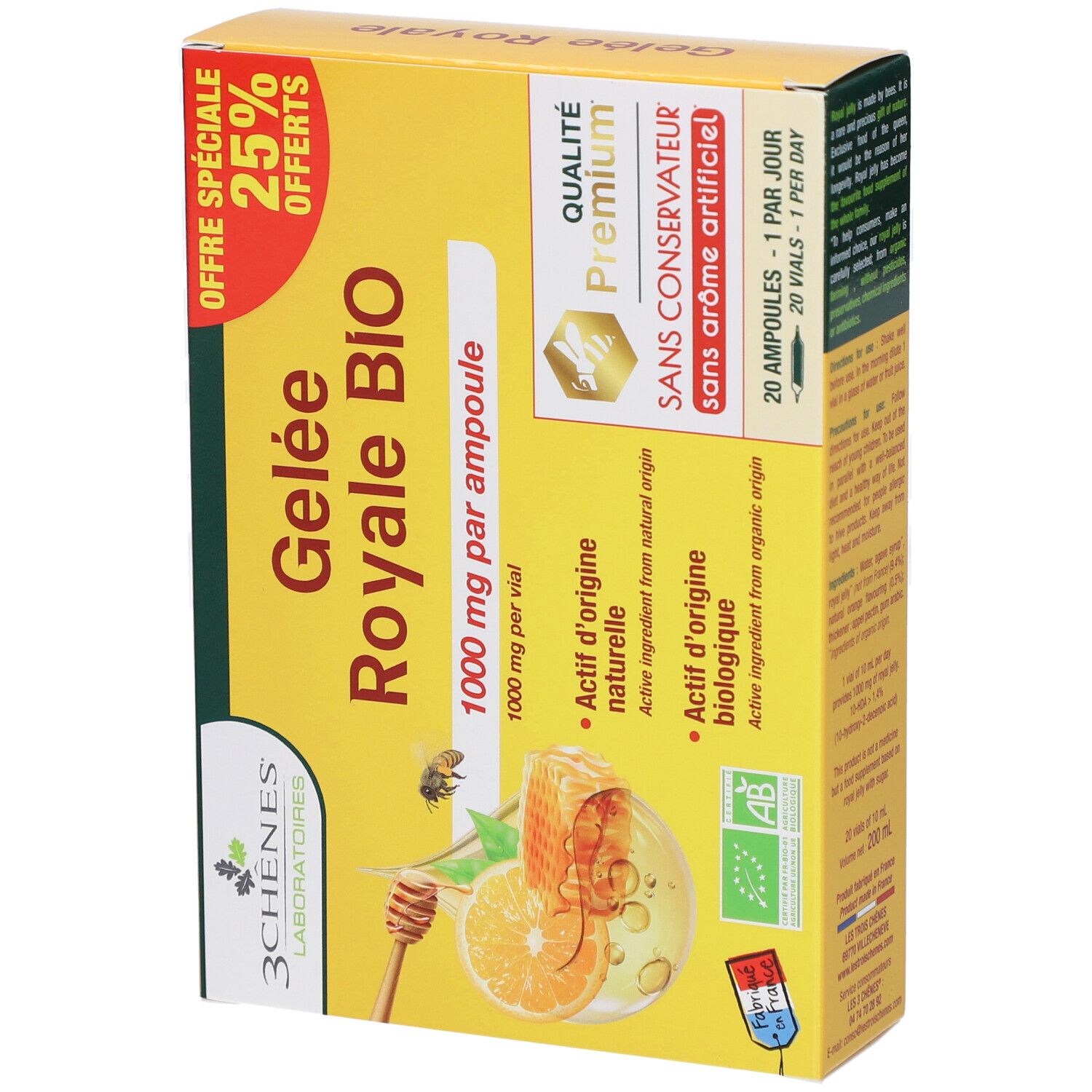 Boîte jaune Gelée Royale BIO. Nom du produit, 1000 mg par ampoule. Contient 20 ampoules. Certification bio. Vue latérale.