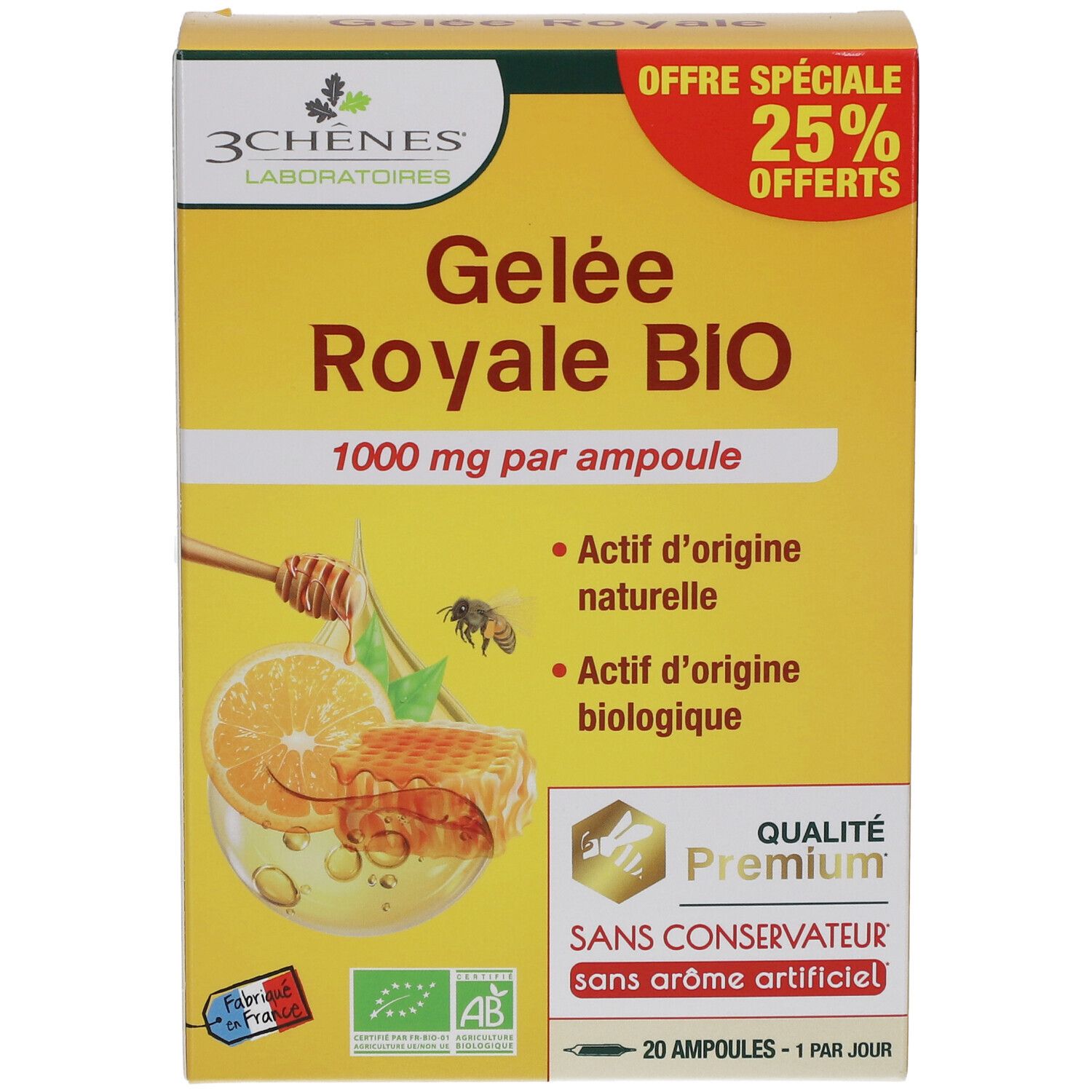 Boîte Gelée Royale BIO. Jaune, avec nom du produit, 1000 mg par ampoule. Contient 20 ampoules. Certification bio.