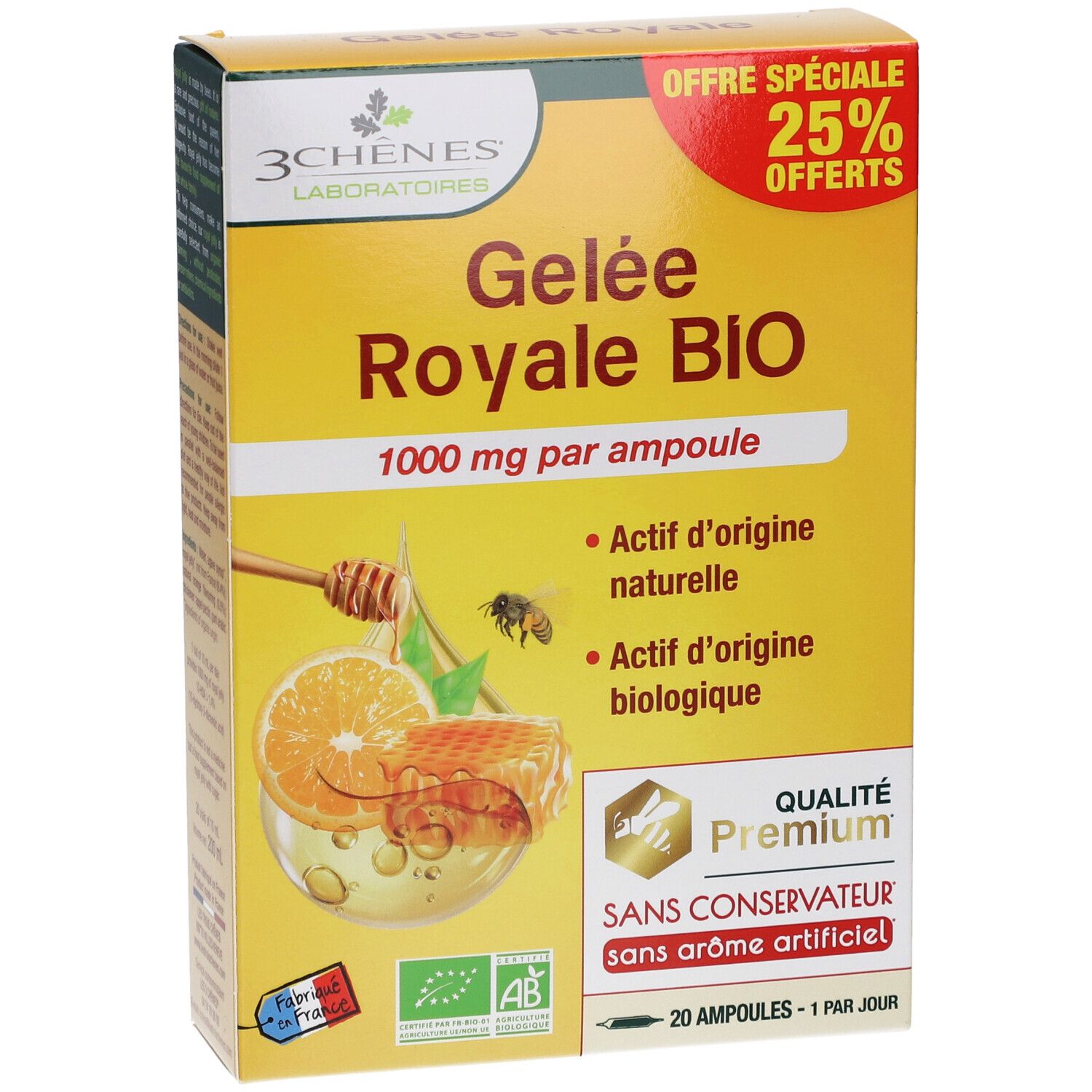 Boîte Gelée Royale BIO. Jaune, avec nom du produit, 1000 mg par ampoule. Contient 20 ampoules. Certification bio.