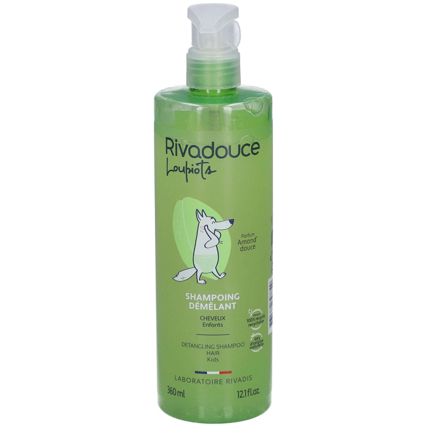 Flacon vert avec pompe blanche. Inscription: Rivadouce Loupiots, Shampoing Démêlant, Cheveux Enfants. Illustration: Renard.