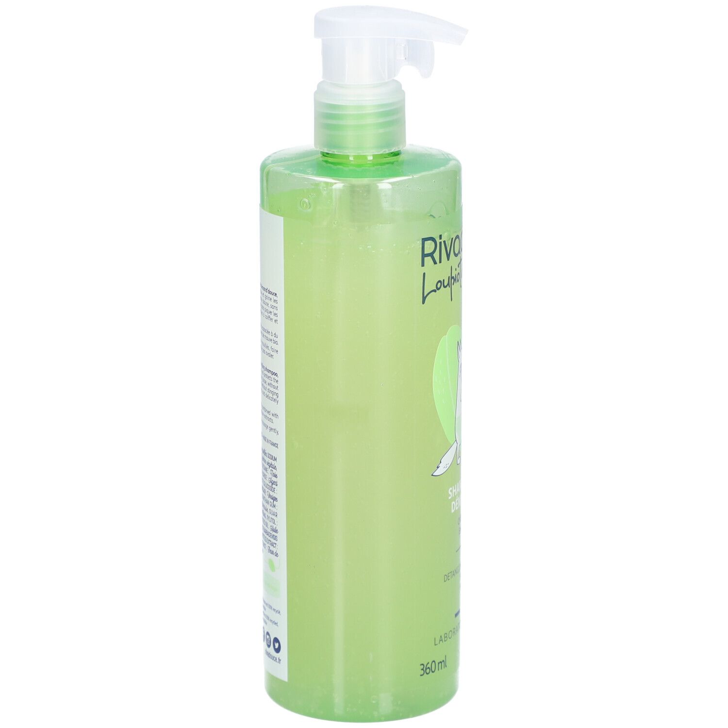 Flacon vert avec pompe blanche. Texte et logos sur le côté. Liquide transparent.