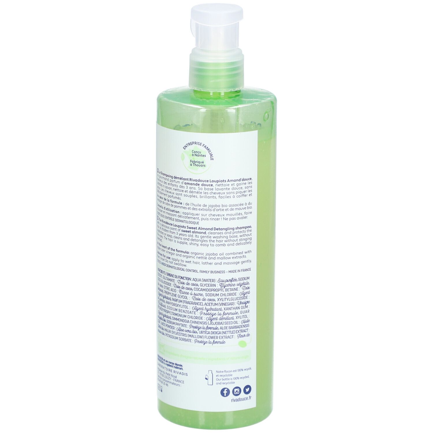 Flacon vert avec pompe blanche. Dos avec texte et logos. Liquide transparent.