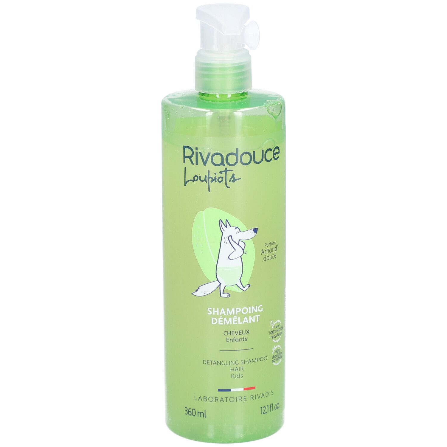 Flacon vert avec pompe blanche. Inscription: Rivadouce Loupiots, Shampoing Démêlant, Cheveux Enfants. Illustration: Renard.