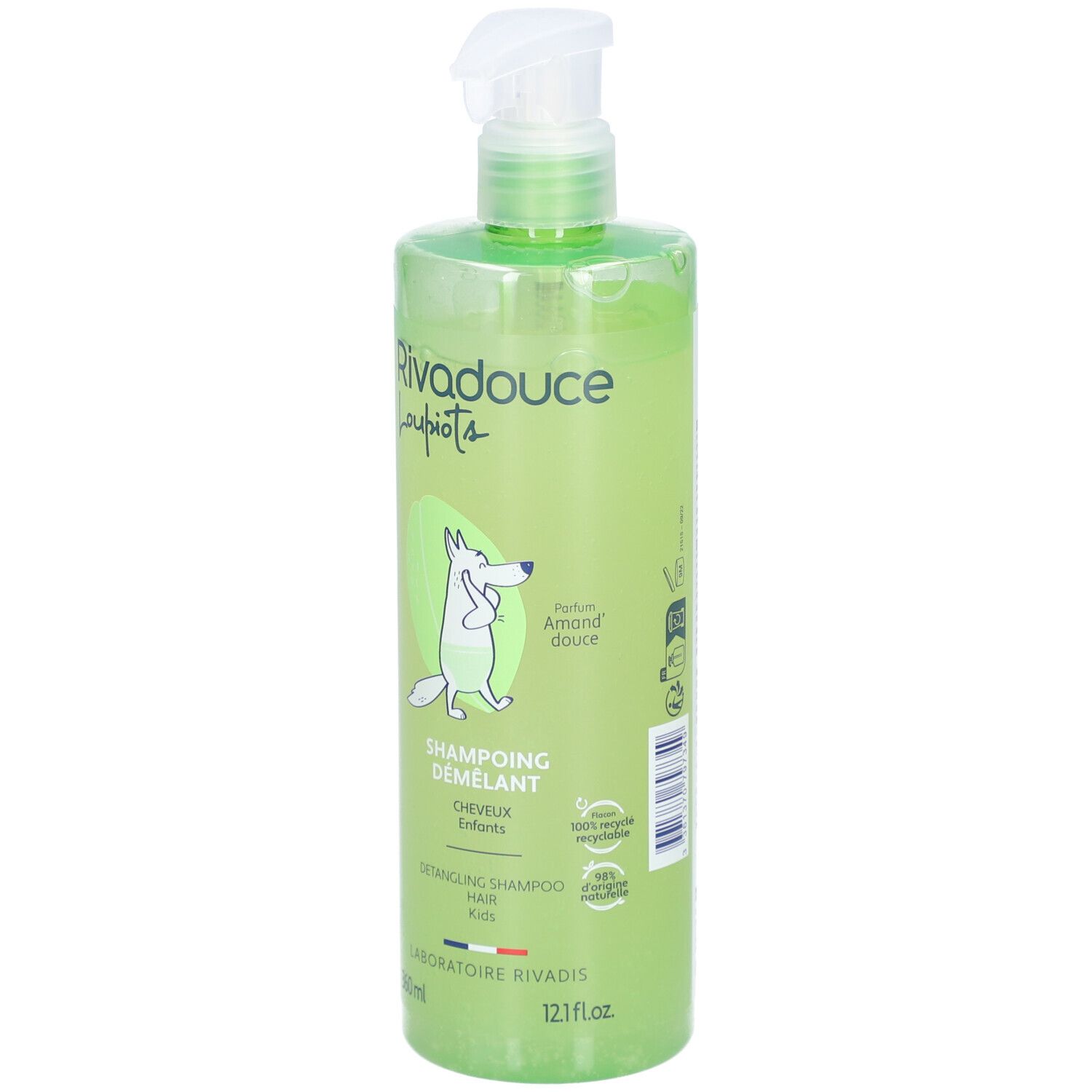 Flacon vert avec pompe blanche. Inscription: Rivadouce Loupiots, Shampoing Démêlant, Cheveux Enfants. Illustration: Renard.