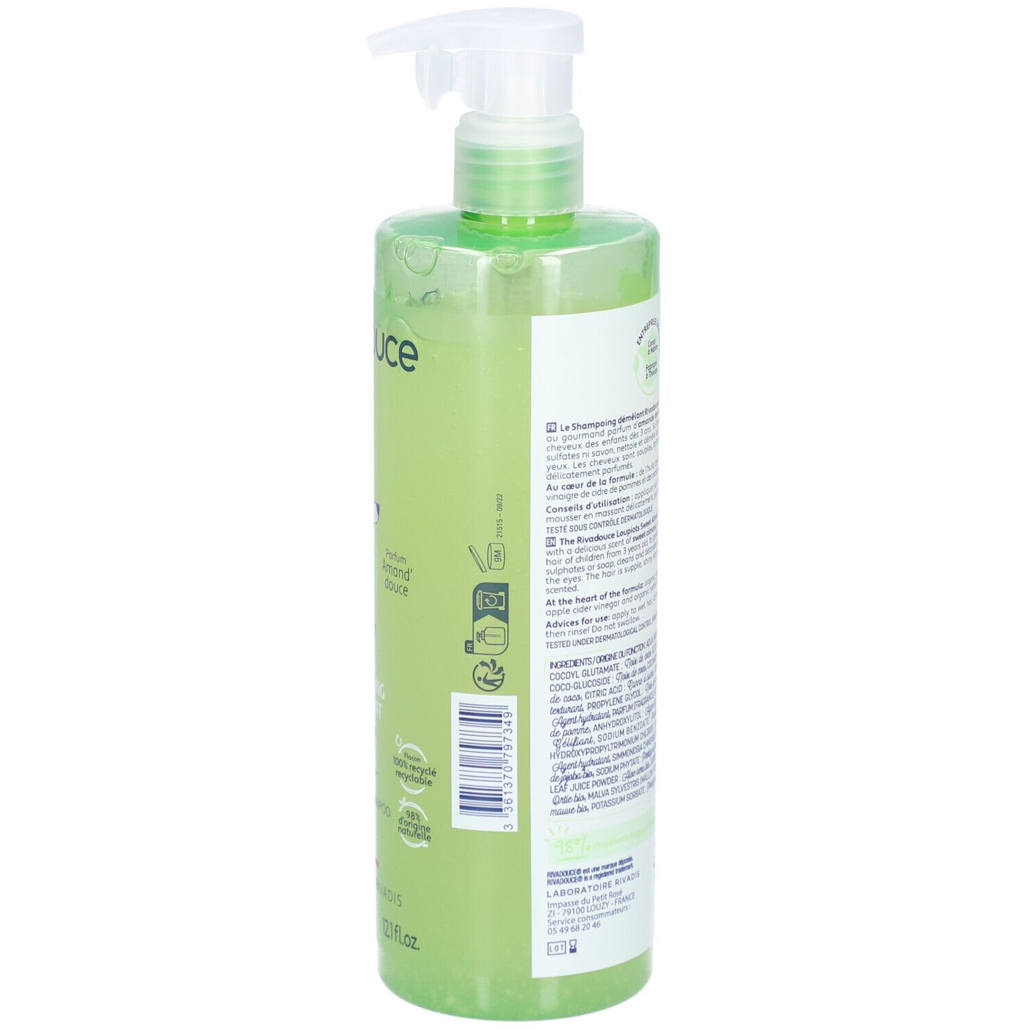 Flacon vert avec pompe blanche. Dos avec texte et logos. Liquide transparent.