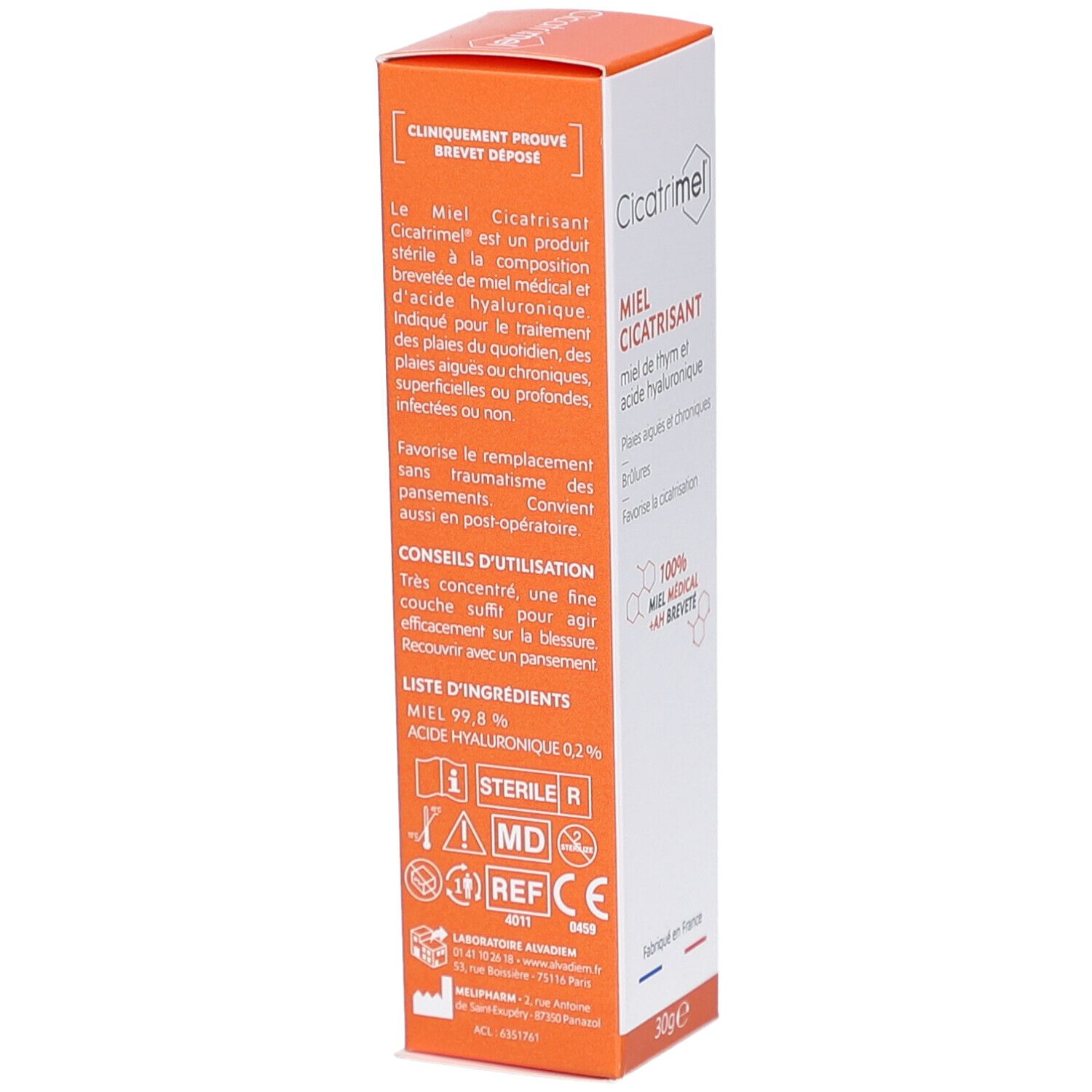 Emballage produit, vue latérale. Texte: Miel Cicatrisant, ingrédients, Stérile, MD, 30g. Couvercle orange.