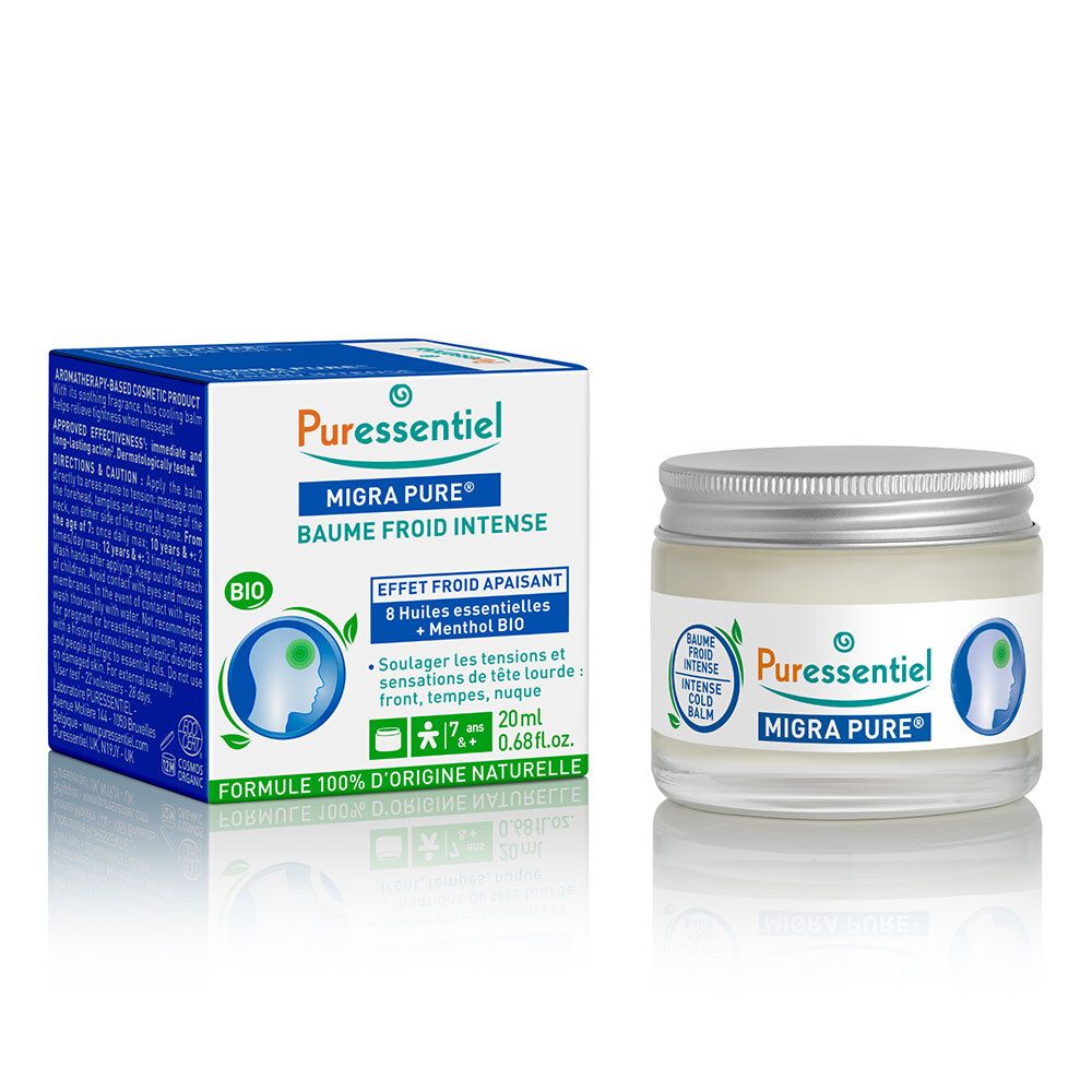 Puressentiel Migra Pure : pot et boîte pliante de baume froid.