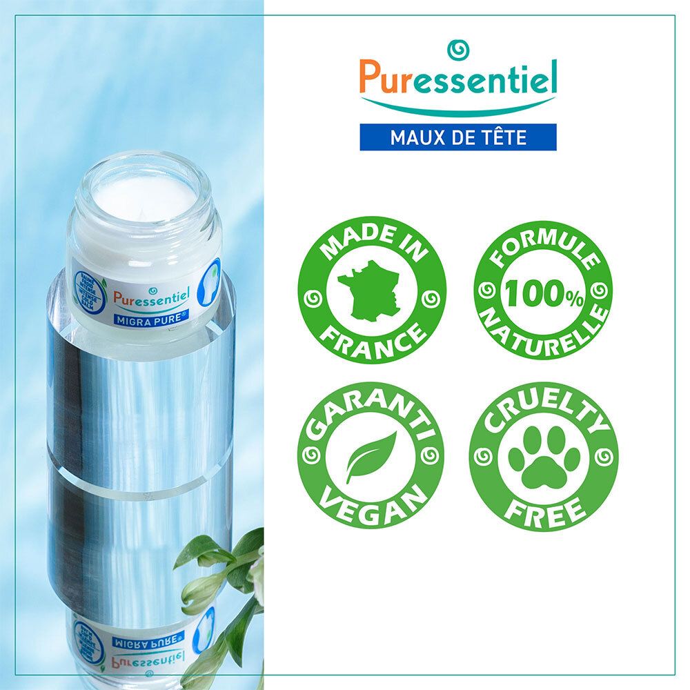 Puressentiel Migra Pure : pot avec sceaux 'Made in France', 'Formule 100% naturelle', 'Vegan', 'Cruelty Free'.
