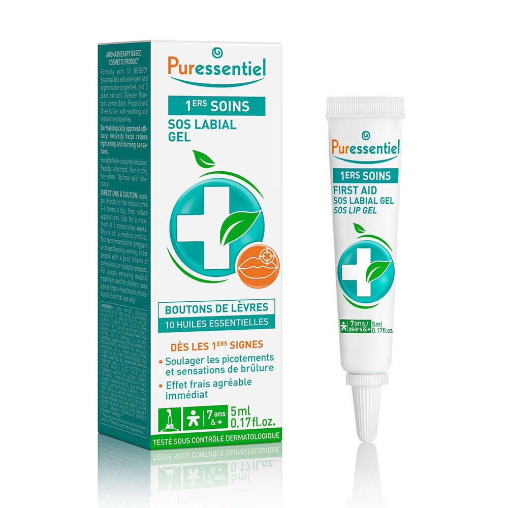 Puressentiel SOS Labial Gel aux 10 huiles essentielles, tube 5ml et boîte.
