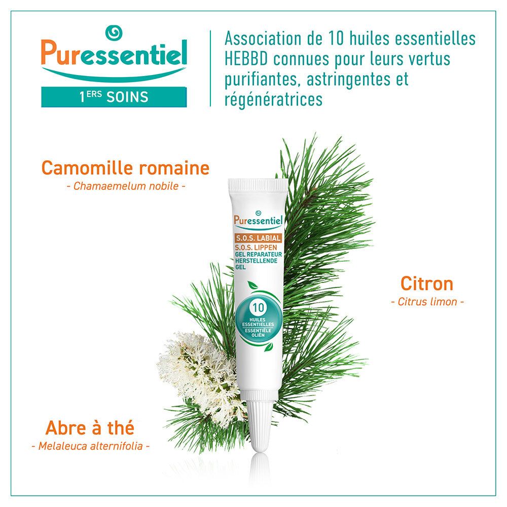Puressentiel SOS Labial Gel aux 10 huiles essentielles, tube entouré de branches de pin et de fleurs.