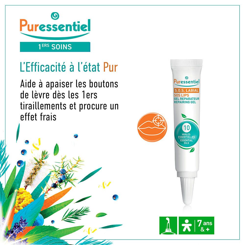Puressentiel SOS Labial Gel aux 10 huiles essentielles, tube et illustrations botaniques.