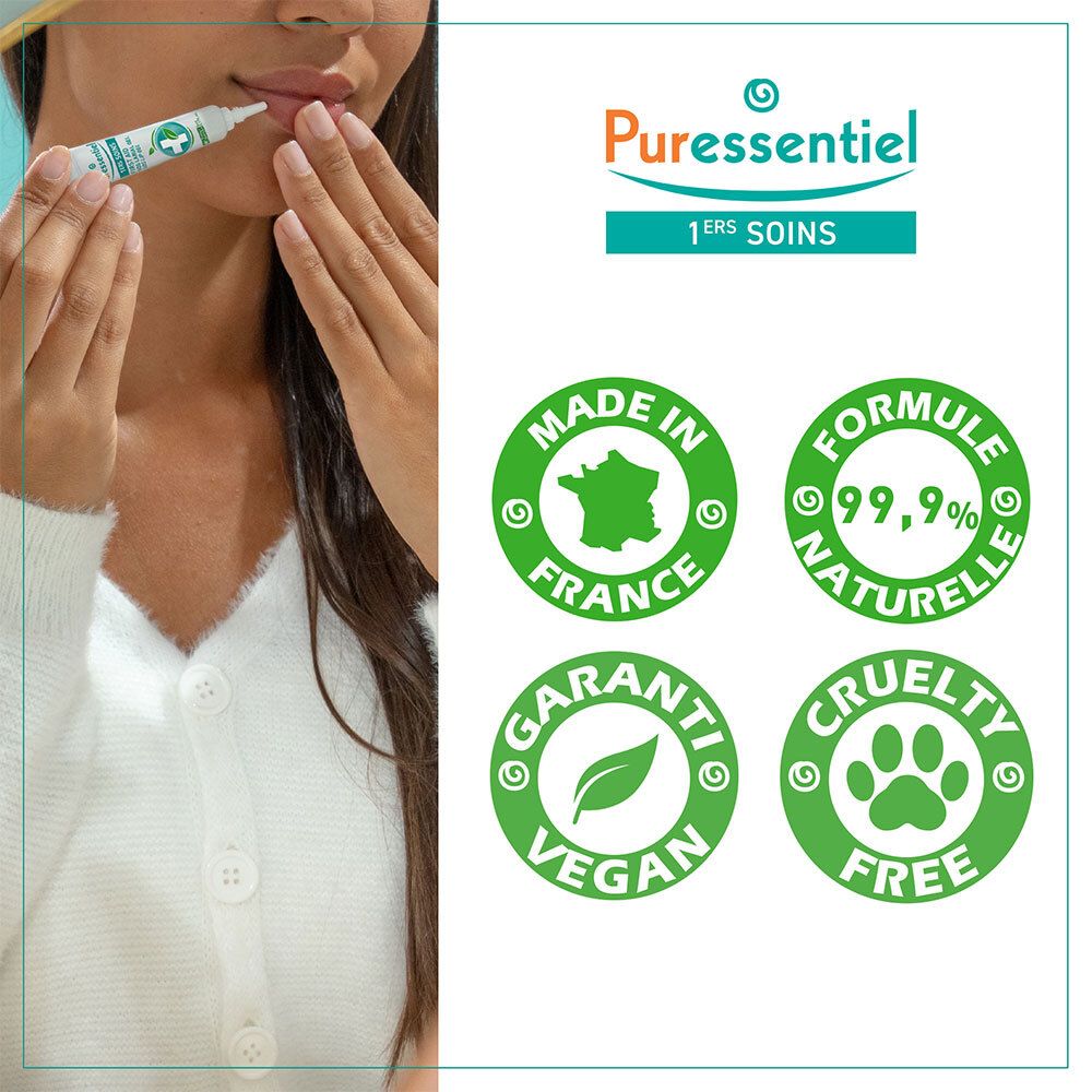 Femme appliquant Puressentiel SOS Labial Gel. Sceaux: Fabriqué en France, Formule 99,9% naturelle, Vegan, Cruelty Free.