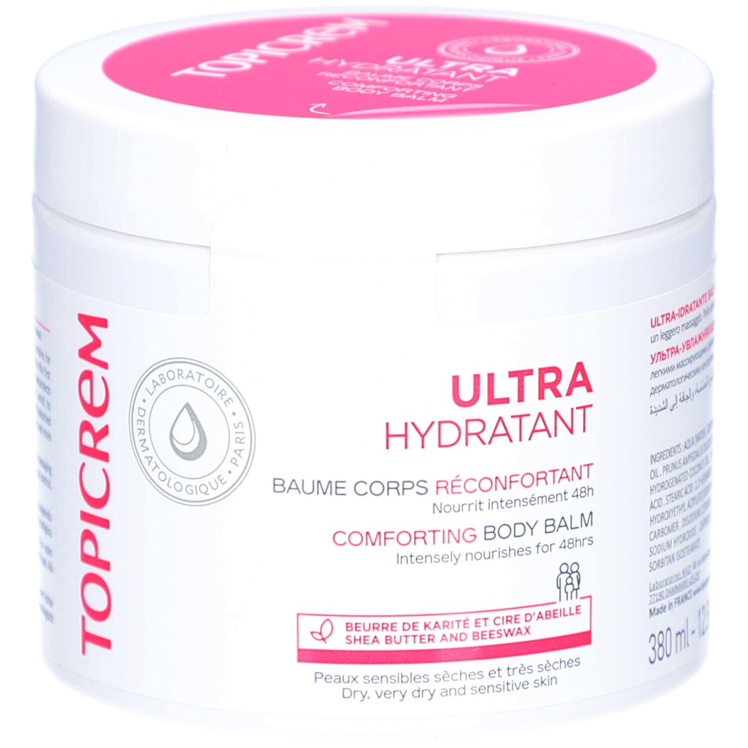 Pot blanc, couvercle rose. Inscription: TOPICREM, ULTRA HYDRATANT, Baume Corps Réconfortant. Testé dermatologiquement.