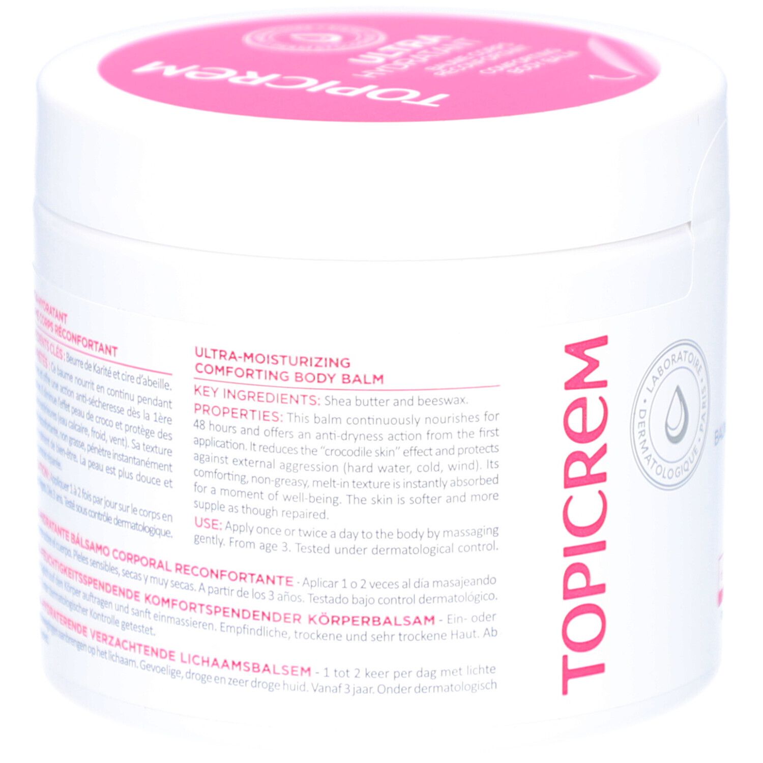 Pot blanc, couvercle rose. Inscription: TOPICREM. Texte multilingue. Testé dermatologiquement.
