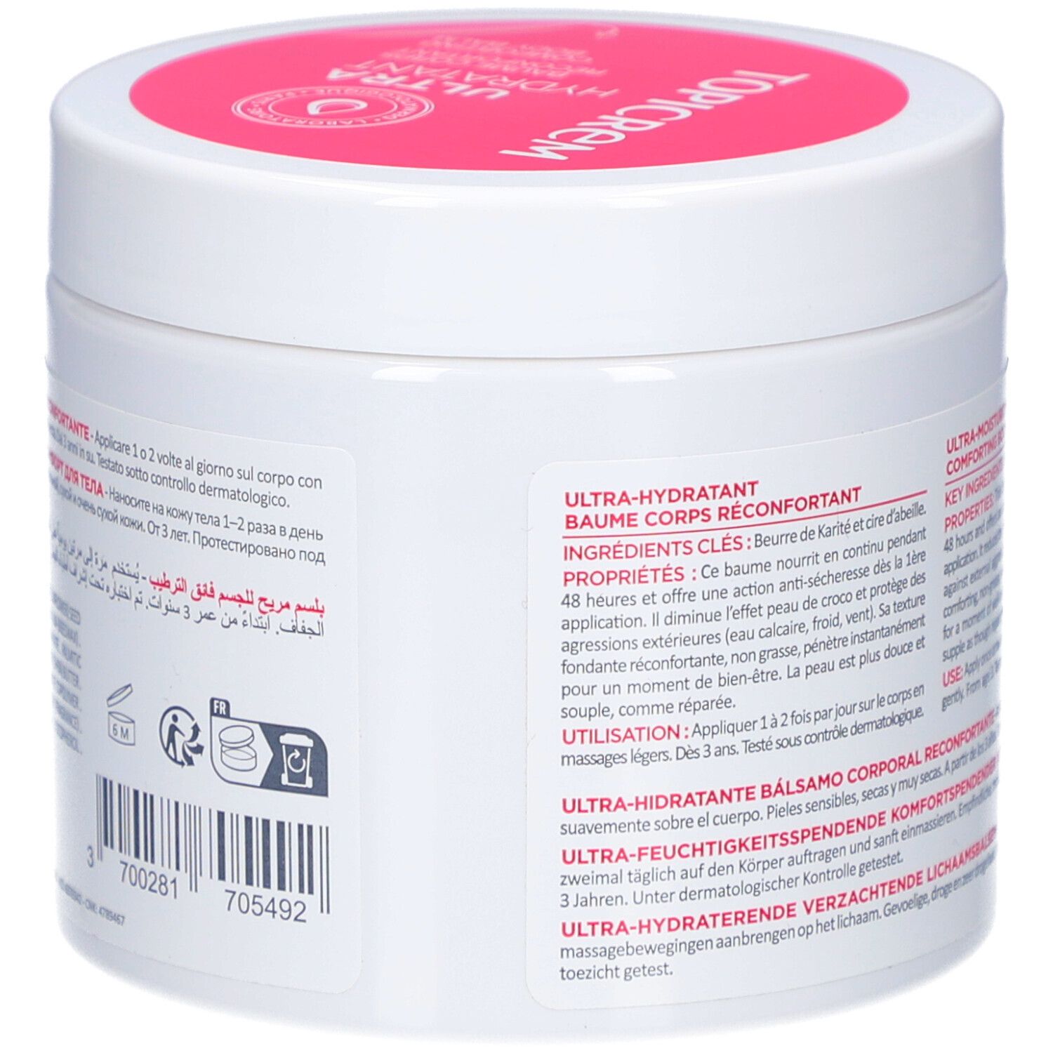 Pot blanc, couvercle rose. Inscription: TOPICREM. Texte multilingue. Code-barres.