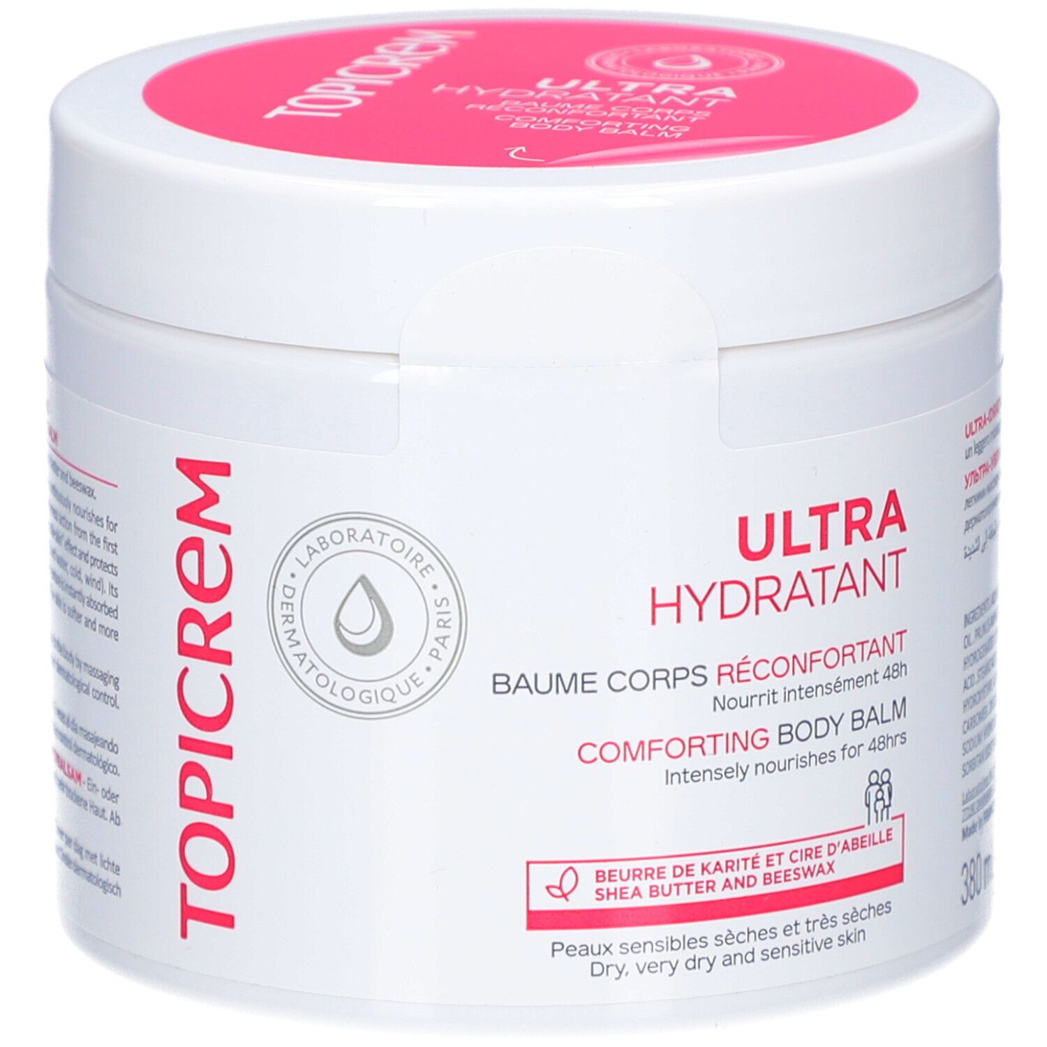 Pot blanc, couvercle rose. Inscription: TOPICREM, ULTRA HYDRATANT, Baume Corps Réconfortant. Testé dermatologiquement.