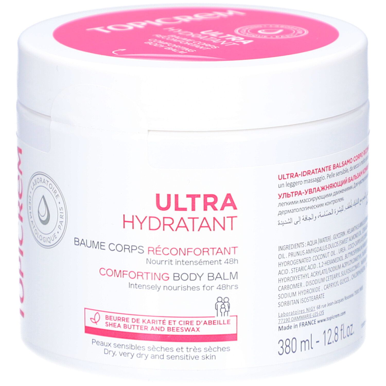 Pot blanc, couvercle rose. Inscription: TOPICREM, ULTRA HYDRATANT, Baume Corps Réconfortant. 380 ml.
