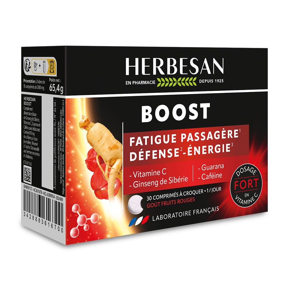 Boîte Herbesan Boost, 30 comprimés. Contient vitamine C, ginseng, guarana et caféine. Laboratoires français.