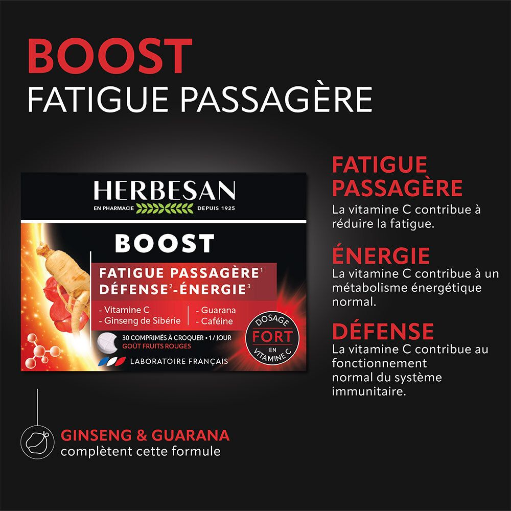 Informations produit Herbesan Boost. Décrit les effets de la vitamine C, du ginseng et du guarana. Fond noir.