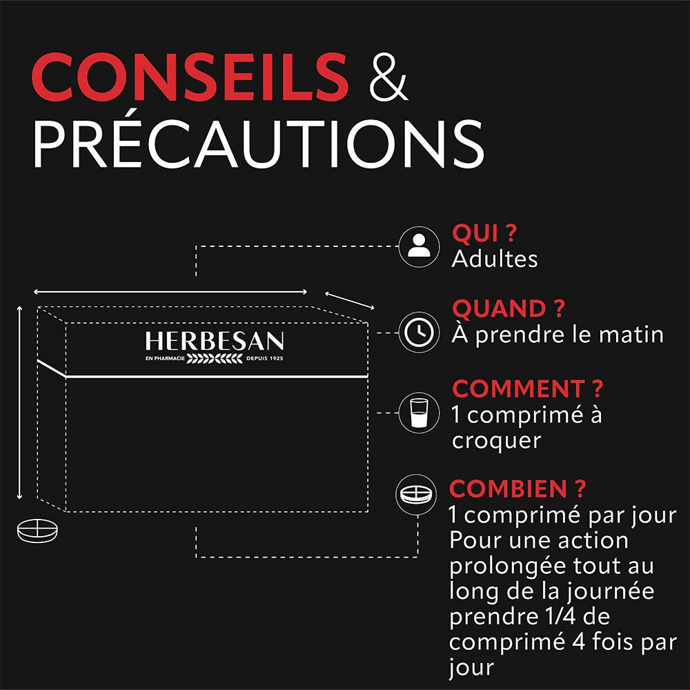 Conseils d'utilisation Herbesan Boost. Prise : 1 comprimé par jour. Pour adultes. Sur fond noir.