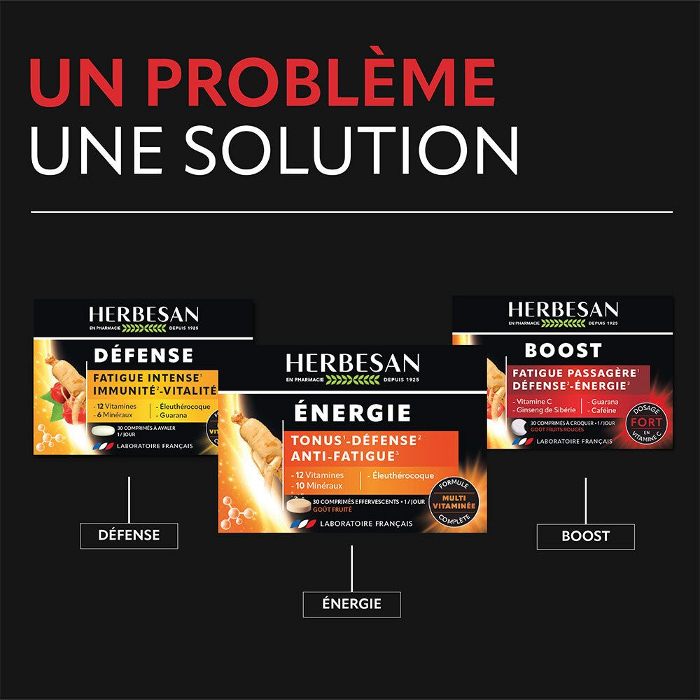 Gamme de produits Herbesan. Boost, Énergie et Défense. Différents emballages sur fond noir.