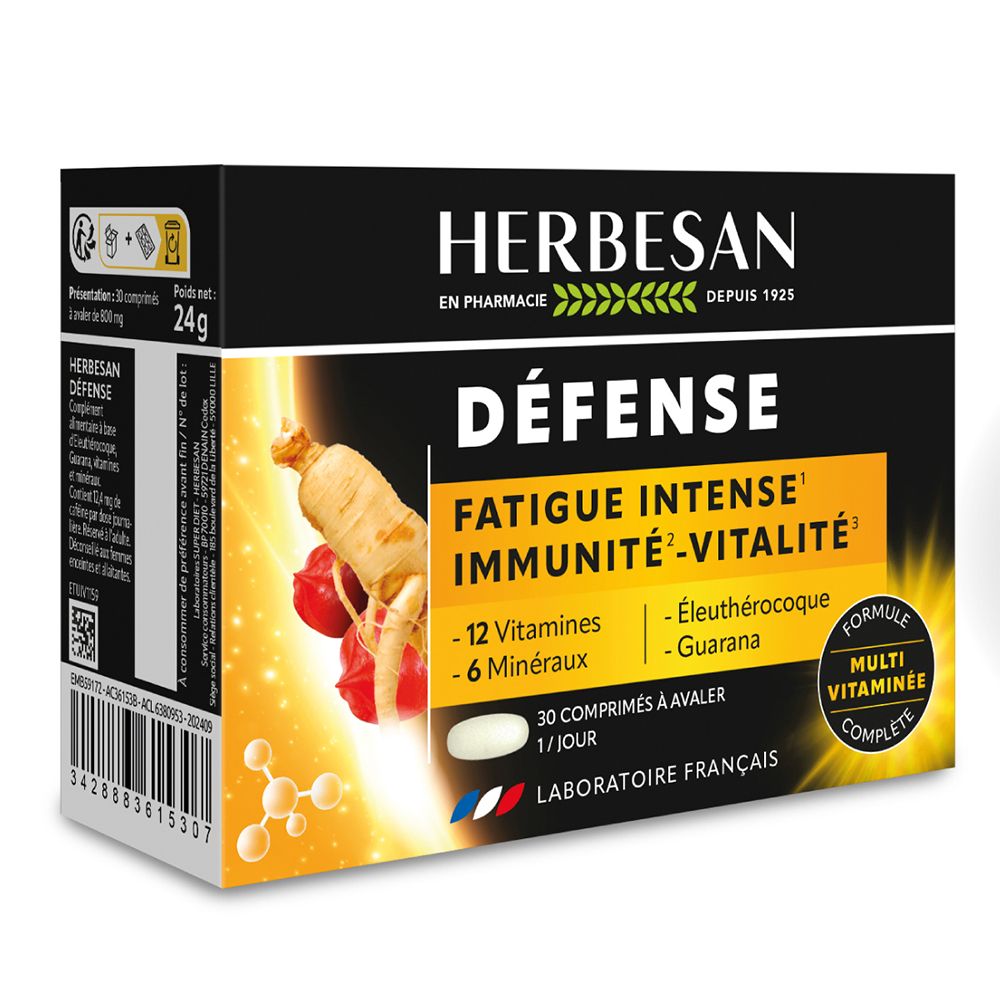 Boîte Herbesan Défense. Contient 30 comprimés. Inscription : Fatigue intense, Immunité, Vitalité. Avec 12 vitamines et 6 minéraux.