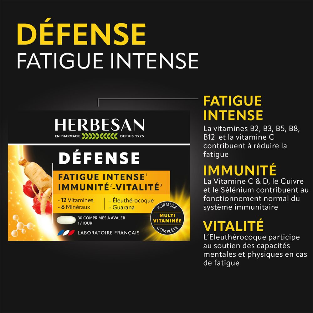 Texte sur fond noir. Défense, Fatigue intense. Informations sur les vitamines, l'immunité et la vitalité. Produit Herbesan.