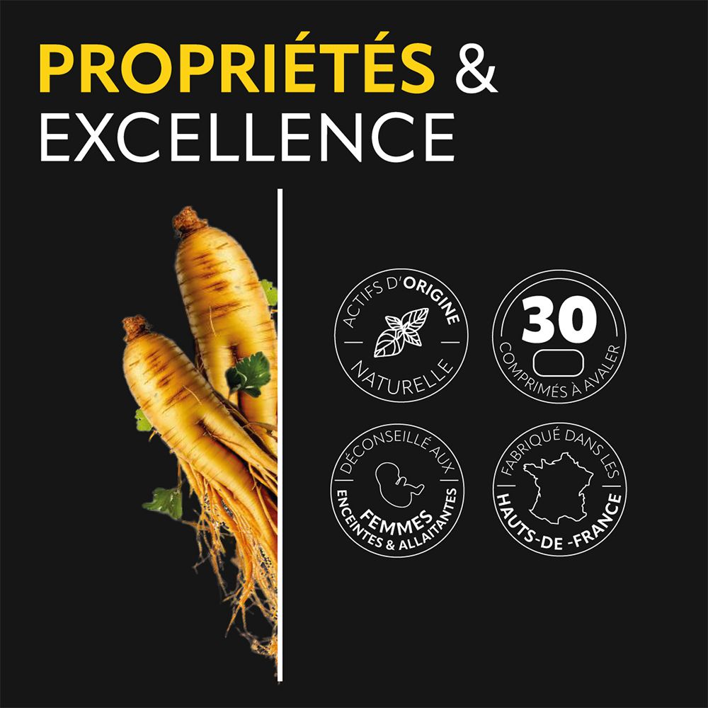 Fond noir avec racines jaunes. Logos circulaires : Origine naturelle, 30 comprimés, déconseillé aux femmes enceintes et allaitantes, fabriqué en France.