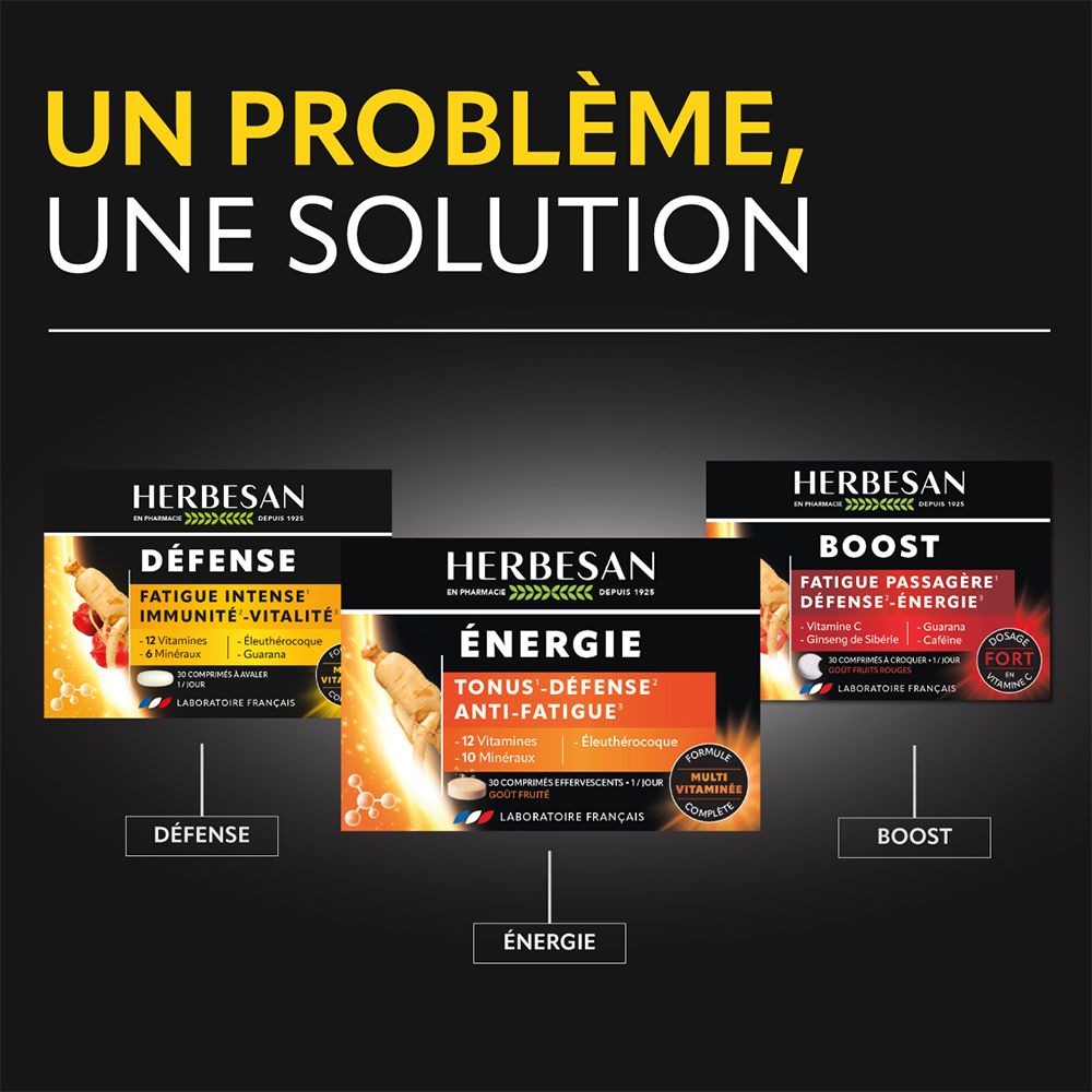 Trois boîtes de produits Herbesan. Défense, Energie et Boost. Défense : Fatigue intense, Immunité, Vitalité. Energie : Tonus, Défense, Anti-Fatigue.