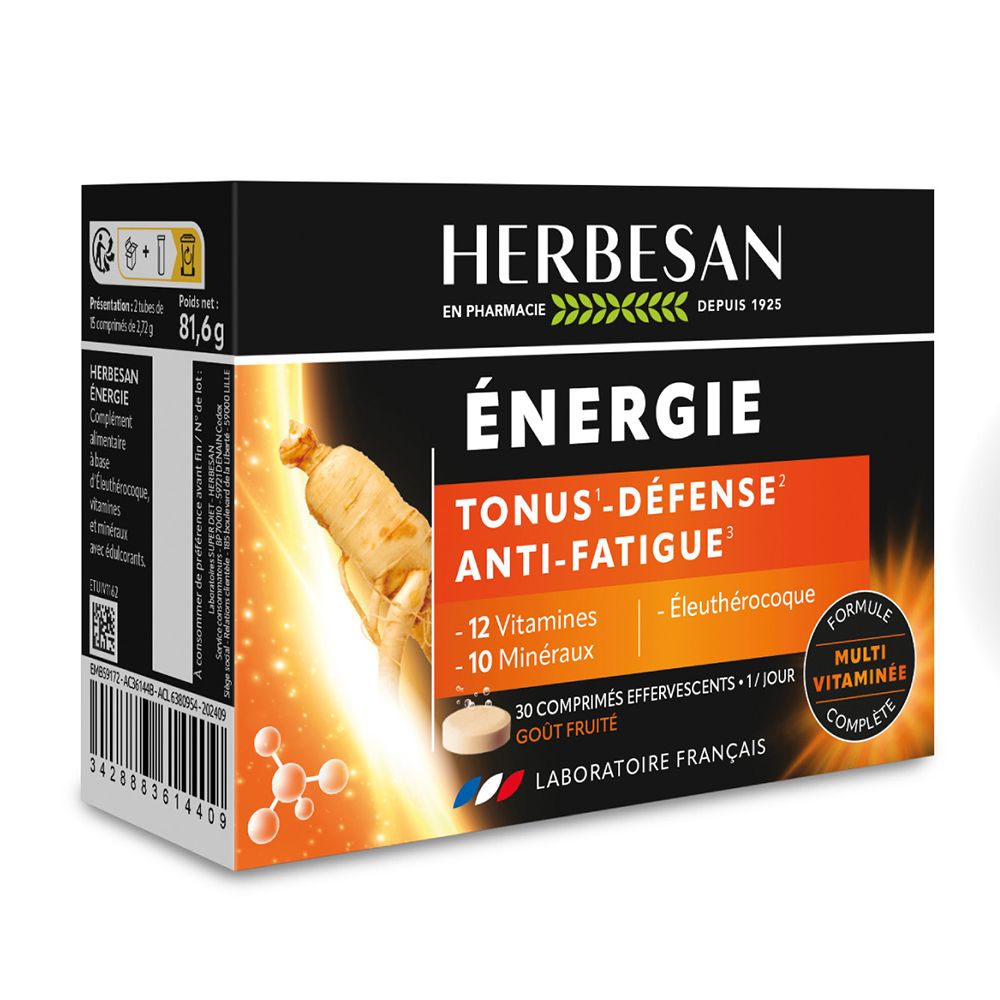 Boîte Herbesan Énergie. Contient 30 comprimés effervescents. Inscription : 12 vitamines, 10 minéraux. Image de ginseng.