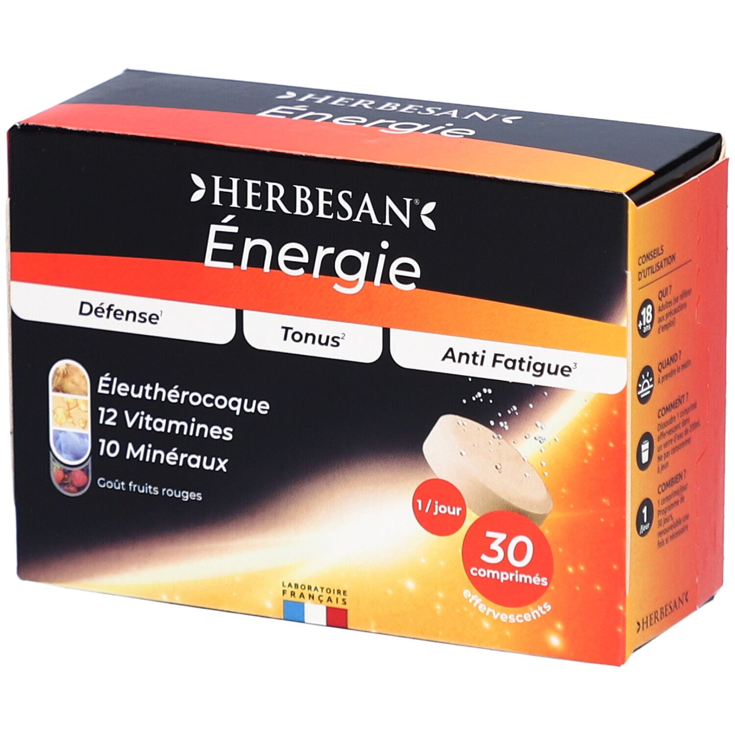 Boîte Herbesan Énergie. Contient 30 comprimés effervescents. Inscription: 12 vitamines, 10 minéraux. Goût fruits rouges.